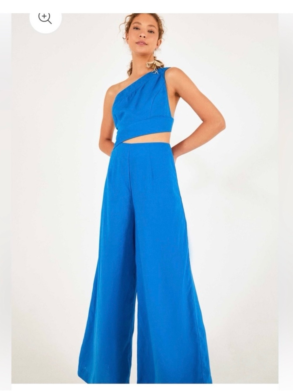 Farm Rio NWOT One-Shoulder Wide-Leg linen Jumpsuit in Bright Blue